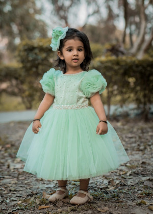 Short Sleeves Mint Tulle Pearls Beaded Fashion Flower Girl Dress
